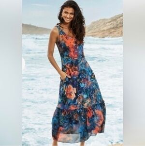 Peruvian Connection Aurora Midi Dress Cobalt Size M Bohemian Artsy Resortwear